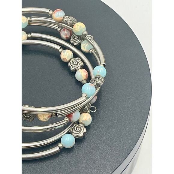 Coil Wrap Agate Seafoam Green Rose Pastel Accent Bracelet Memory Wire Bangle - Picture 6 of 9